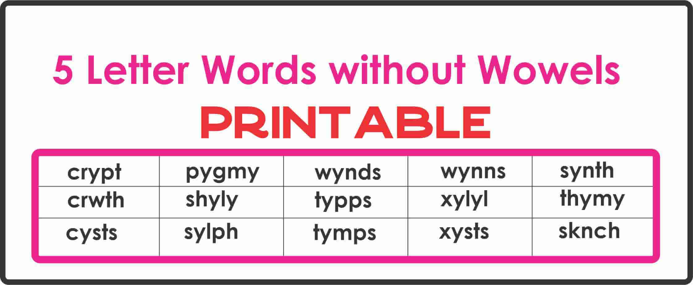 5 Letter Words without Vowels Printable